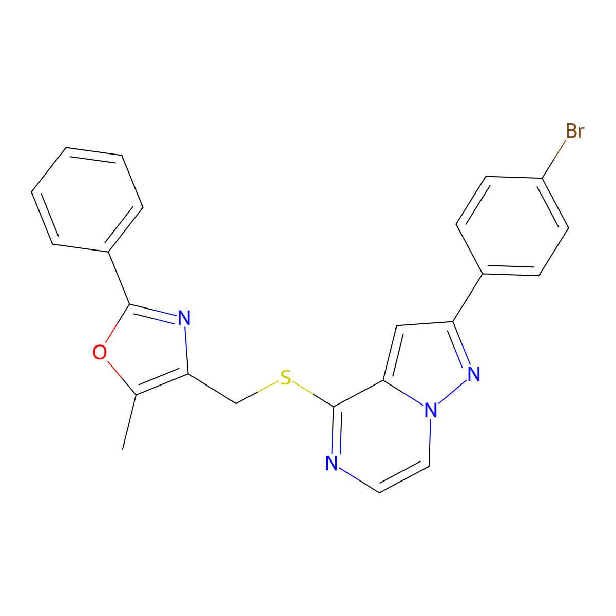 2-(4-Bromophenyl)-4-{[(5-methyl-2-phenyl-1,3-oxazol-4-yl)methyl]thio}pyrazolo[1,5-a]pyrazine molecular structure, CAS 1207056-61-8