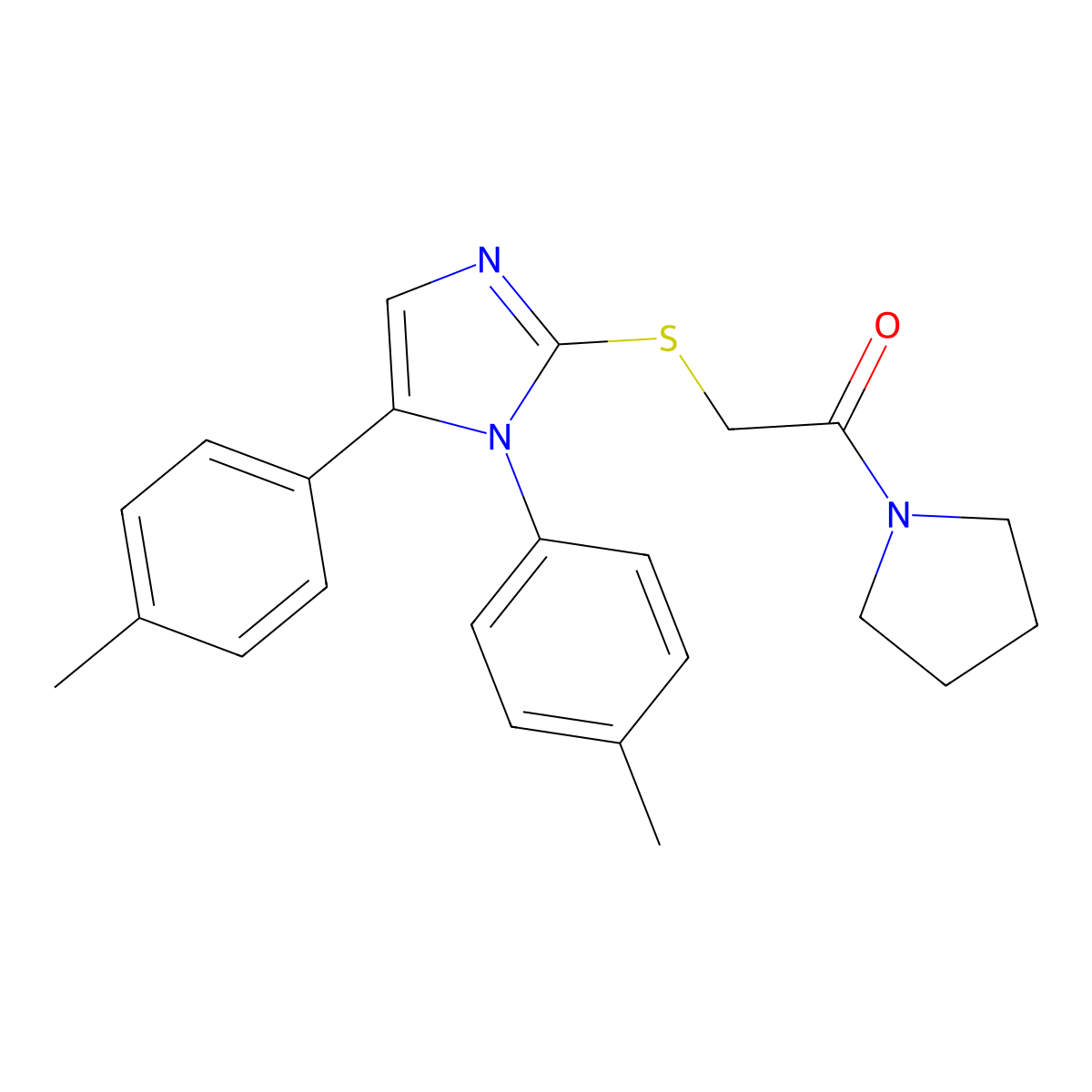 2-((1,5-di-p-tolyl-1H-imidazol-2-yl)thio)-1-(pyrrolidin-1-yl)ethanone molecular structure, CAS 1207056-71-0