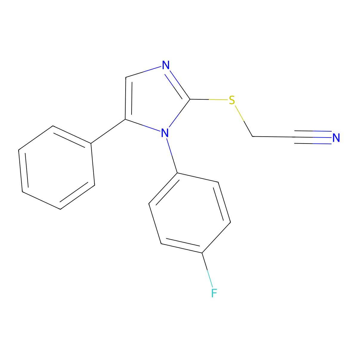 2-((1-(4-fluorophenyl)-5-phenyl-1H-imidazol-2-yl)thio)acetonitrile molecular structure, CAS 1207057-28-0