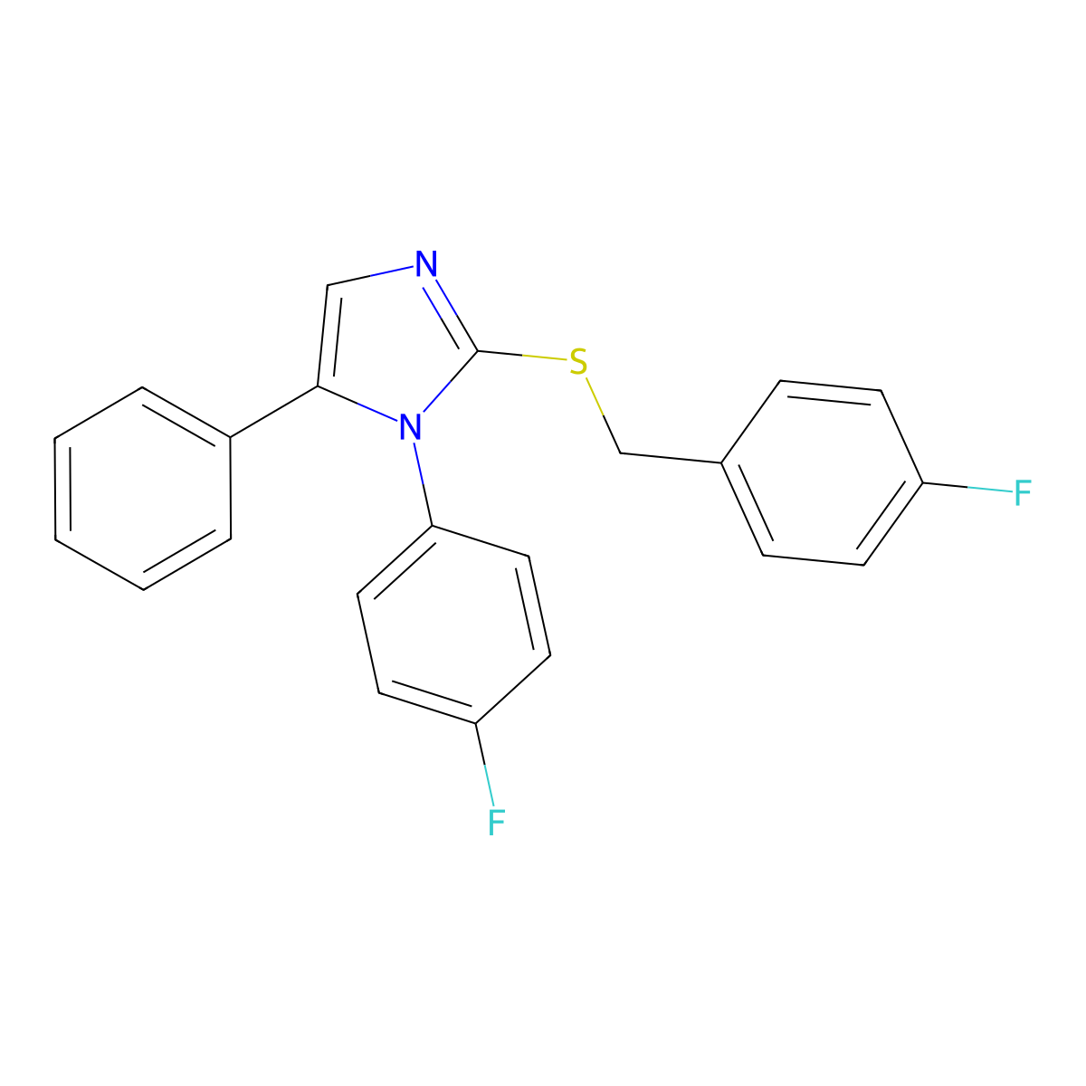2-((4-fluorobenzyl)thio)-1-(4-fluorophenyl)-5-phenyl-1H-imidazole molecular structure, CAS 1207057-42-8