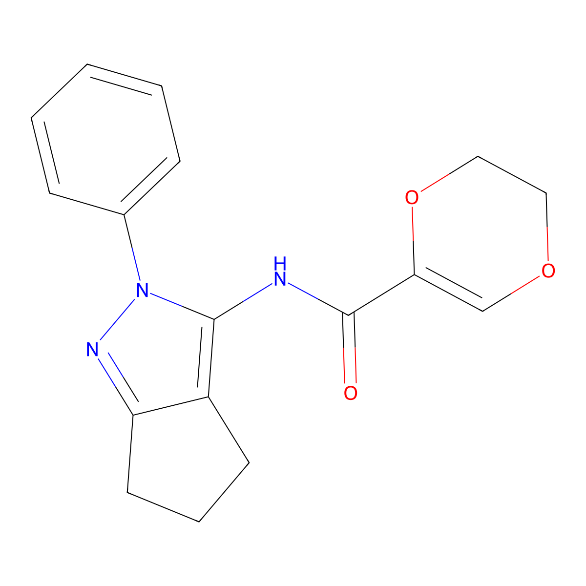 N-{2-phenyl-2H,4H,5H,6H-cyclopenta[c]pyrazol-3-yl}-5,6-dihydro-1,4-dioxine-2-carboxamide molecular structure, CAS 1207057-53-1