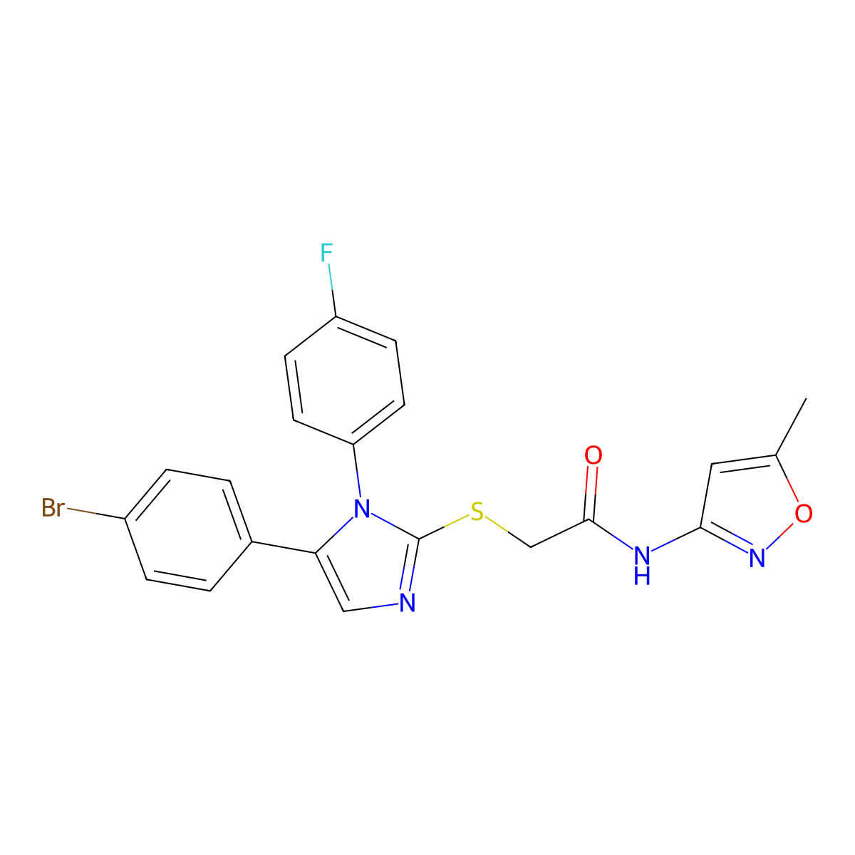 2-((5-(4-bromophenyl)-1-(4-fluorophenyl)-1H-imidazol-2-yl)thio)-N-(5-methylisoxazol-3-yl)acetamide molecular structure, CAS 1207057-82-6