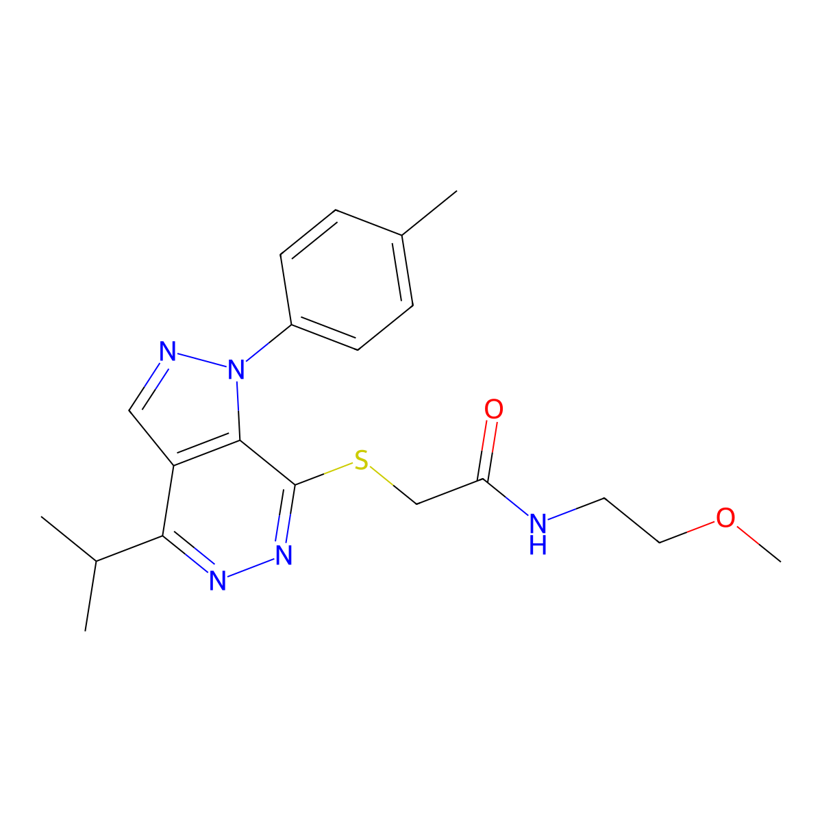 2-((4-isopropyl-1-(p-tolyl)-1H-pyrazolo[3,4-d]pyridazin-7-yl)thio)-N-(2-methoxyethyl)acetamide molecular structure, CAS 1207058-09-0