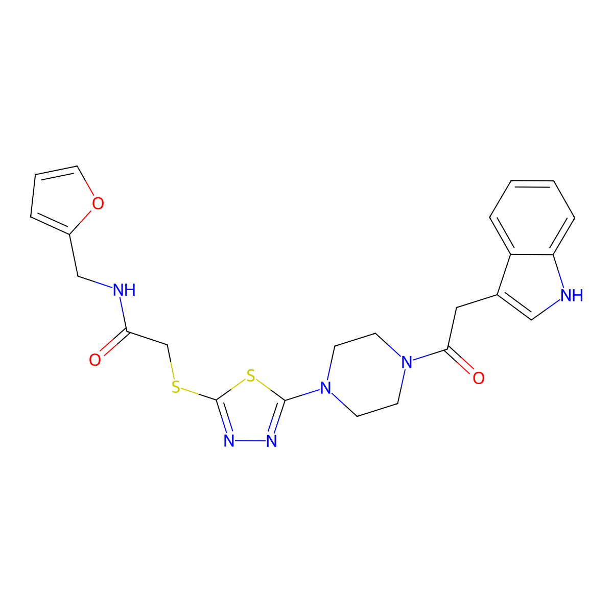 2-((5-(4-(2-(1H-indol-3-yl)acetyl)piperazin-1-yl)-1,3,4-thiadiazol-2-yl)thio)-N-(furan-2-ylmethyl)acetamide molecular structure, CAS 1207058-23-8