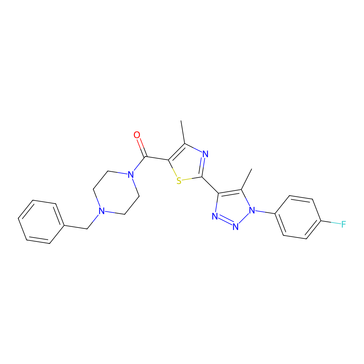 (4-benzylpiperazin-1-yl)(2-(1-(4-fluorophenyl)-5-methyl-1H-1,2,3-triazol-4-yl)-4-methylthiazol-5-yl)methanone molecular structure, CAS 1207058-30-7