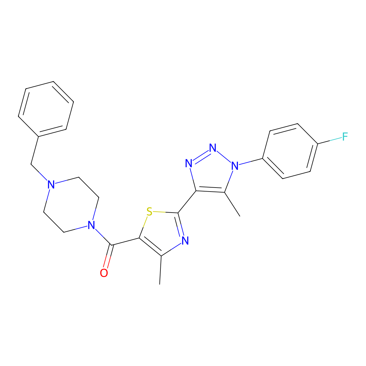 (4-benzylpiperazin-1-yl)(2-(1-(4-fluorophenyl)-5-methyl-1H-1,2,3-triazol-4-yl)-4-methylthiazol-5-yl)methanone molecular structure, CAS 1207058-30-7