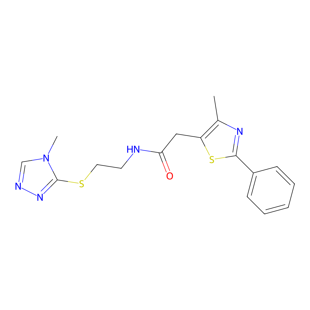 2-(4-methyl-2-phenylthiazol-5-yl)-N-(2-((4-methyl-4H-1,2,4-triazol-3-yl)thio)ethyl)acetamide molecular structure, CAS 1207058-67-0