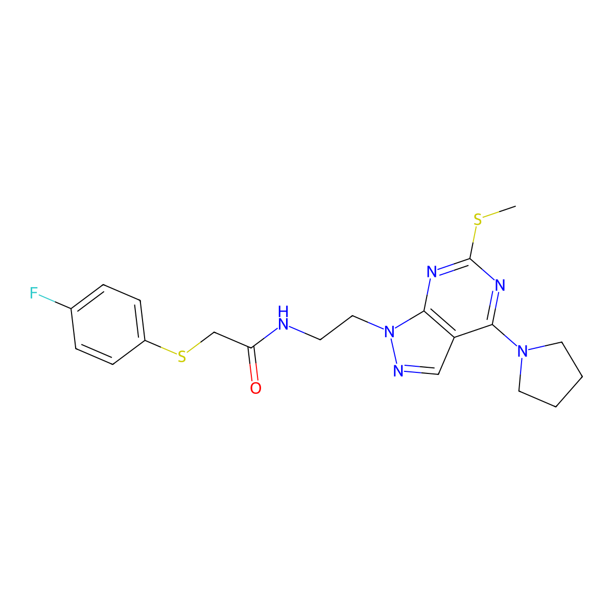 2-((4-fluorophenyl)thio)-N-(2-(6-(methylthio)-4-(pyrrolidin-1-yl)-1H-pyrazolo[3,4-d]pyrimidin-1-yl)ethyl)acetamide molecular structure, CAS 1207058-69-2
