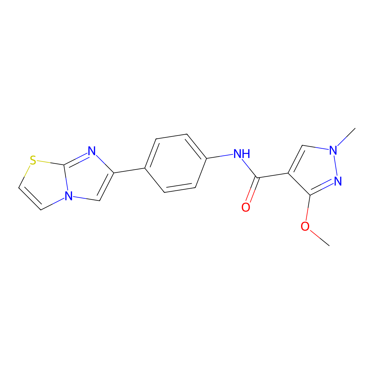 N-(4-(imidazo[2,1-b]thiazol-6-yl)phenyl)-3-methoxy-1-methyl-1H-pyrazole-4-carboxamide molecular structure, CAS 1207058-71-6