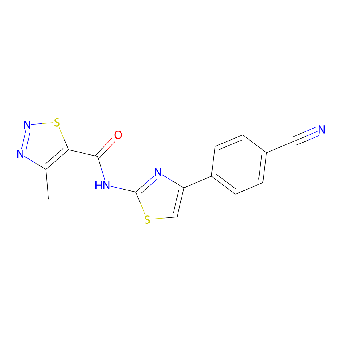 N-(4-(4-cyanophenyl)thiazol-2-yl)-4-methyl-1,2,3-thiadiazole-5-carboxamide molecular structure, CAS 1207058-98-7