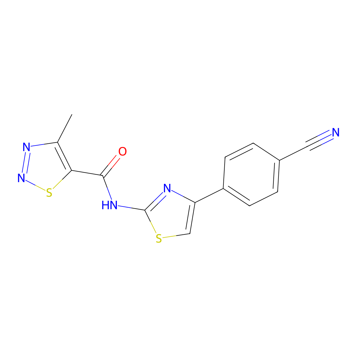 N-(4-(4-cyanophenyl)thiazol-2-yl)-4-methyl-1,2,3-thiadiazole-5-carboxamide molecular structure, CAS 1207058-98-7
