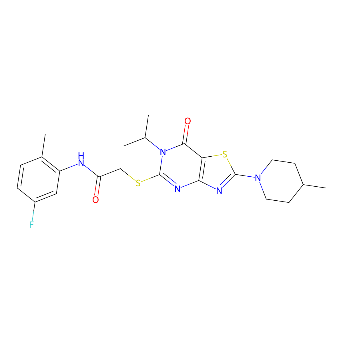 N~1~-(5-fluoro-2-methylphenyl)-2-{[6-isopropyl-2-(4-methylpiperidino)-7-oxo-6,7-dihydro[1,3]thiazolo[4,5-d]pyrimidin-5-yl]sulfanyl}acetamide molecular structure, CAS 1207059-00-4