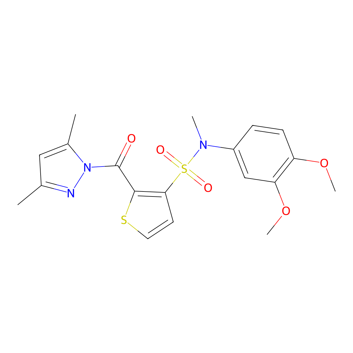 N-(3,4-dimethoxyphenyl)-2-(3,5-dimethyl-1H-pyrazole-1-carbonyl)-N-methylthiophene-3-sulfonamide molecular structure, CAS 1207059-06-0