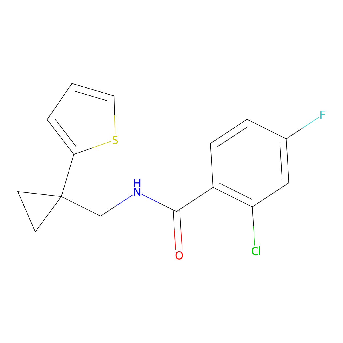 2-chloro-4-fluoro-N-((1-(thiophen-2-yl)cyclopropyl)methyl)benzamide molecular structure, CAS 1207059-11-7