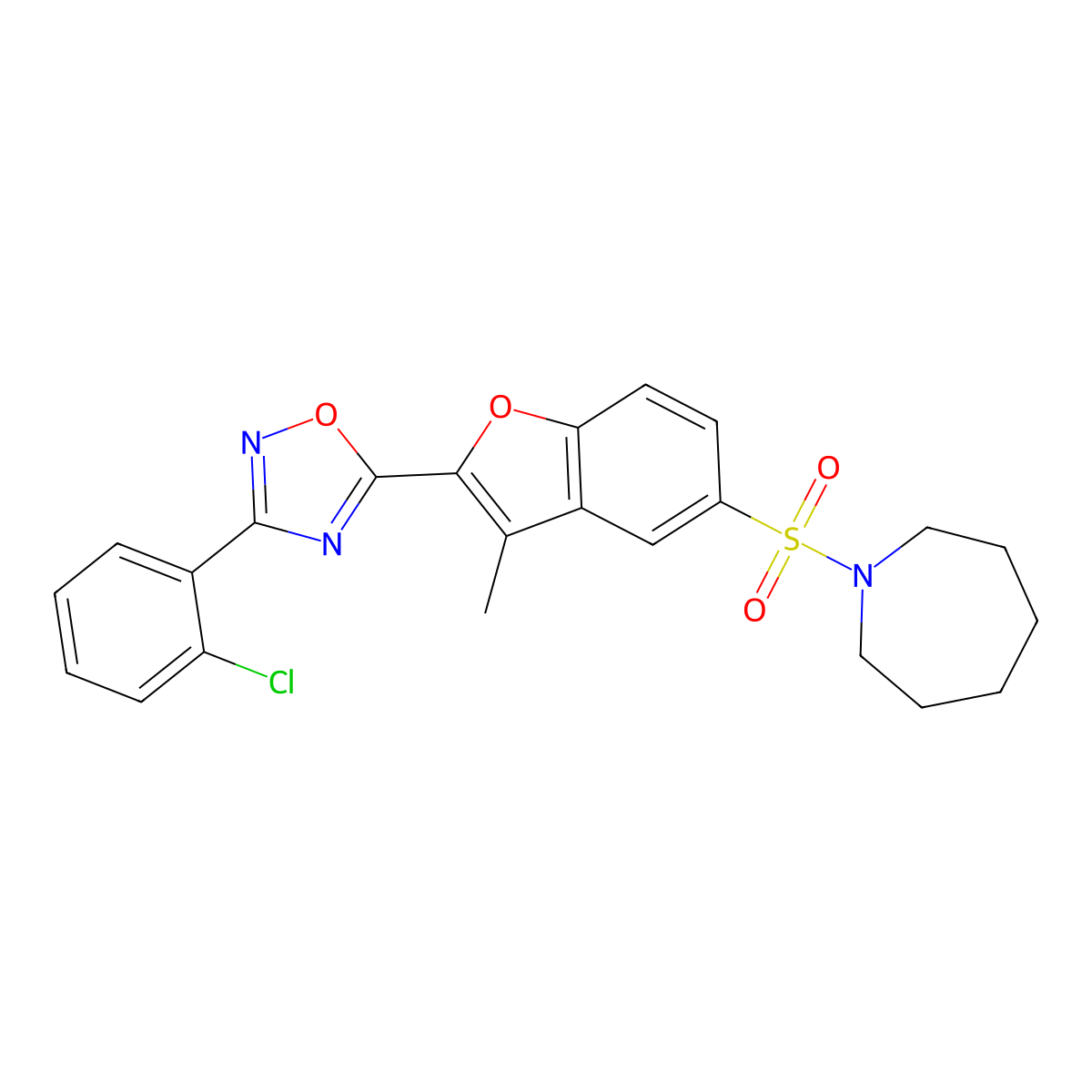 1-({2-[3-(2-Chlorophenyl)-1,2,4-oxadiazol-5-yl]-3-methyl-1-benzofuran-5-yl}sulfonyl)azepane molecular structure, CAS 1207059-25-3