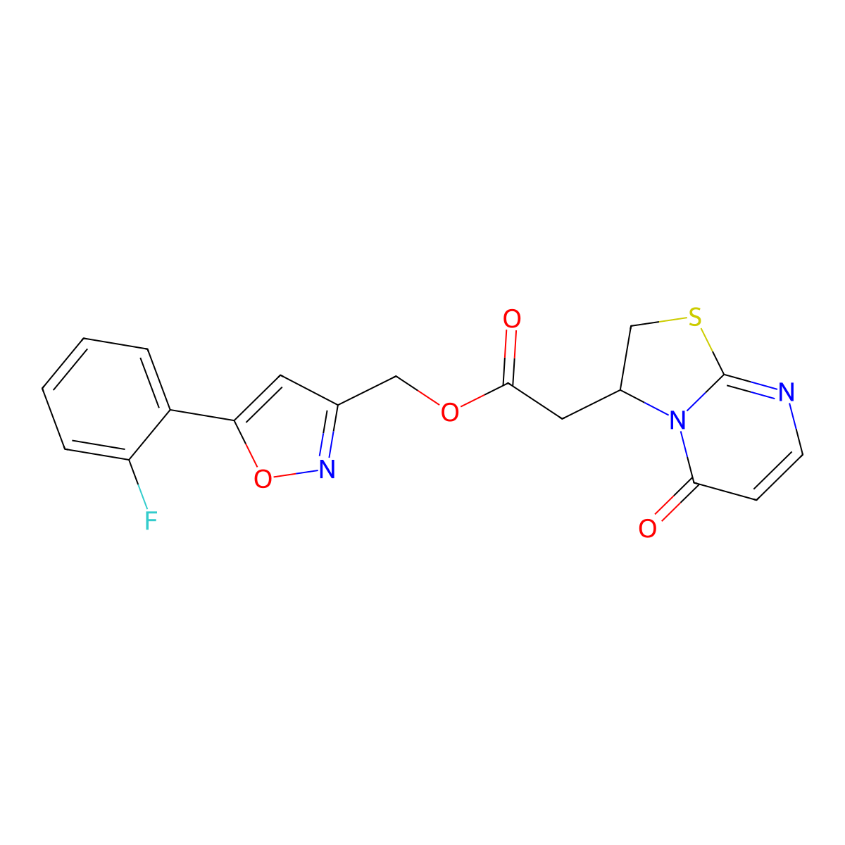(5-(2-fluorophenyl)isoxazol-3-yl)methyl 2-(5-oxo-3,5-dihydro-2H-thiazolo[3,2-a]pyrimidin-3-yl)acetate molecular structure, CAS 1207059-39-9