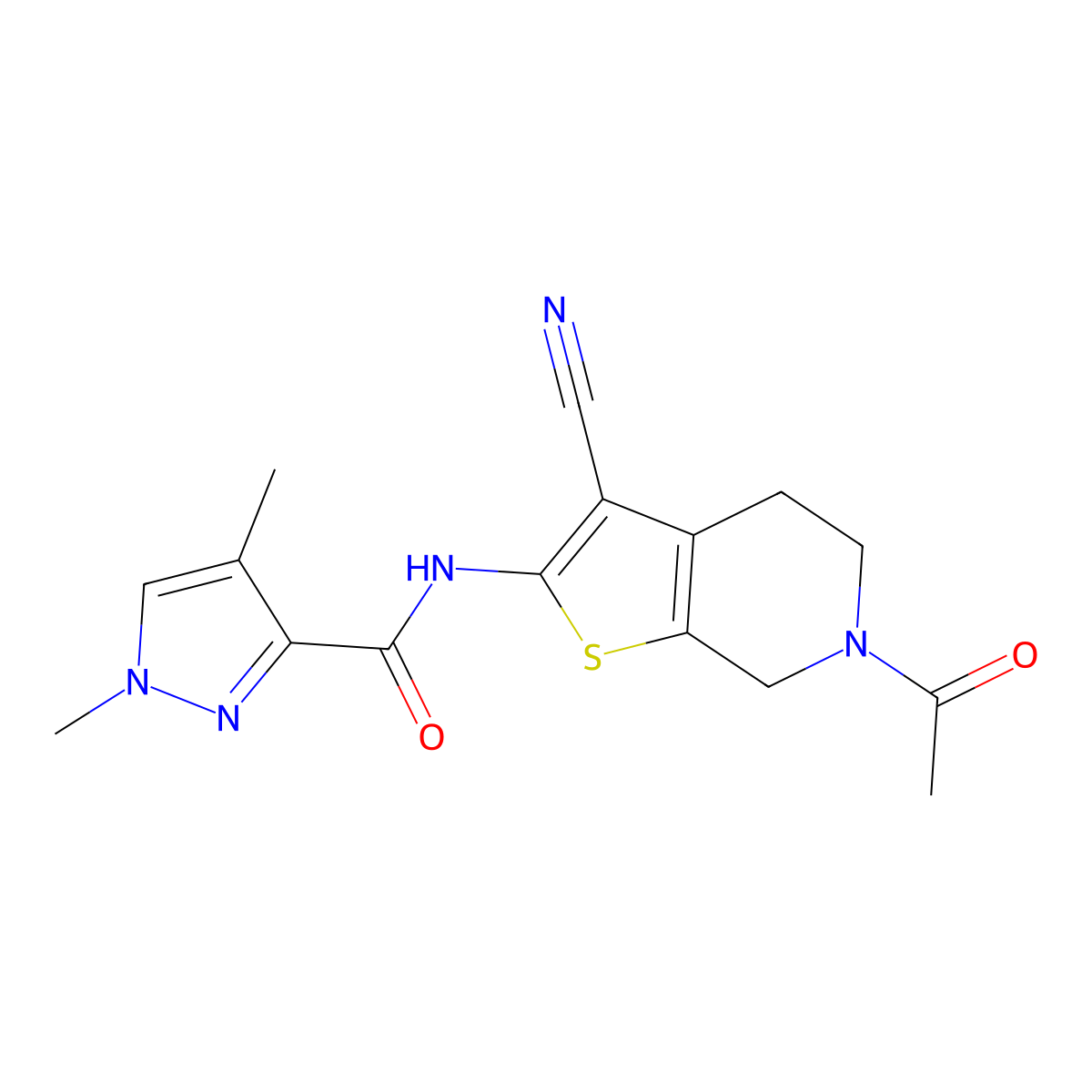 N-(6-acetyl-3-cyano-4,5,6,7-tetrahydrothieno[2,3-c]pyridin-2-yl)-1,4-dimethyl-1H-pyrazole-3-carboxamide molecular structure, CAS 1207059-88-8