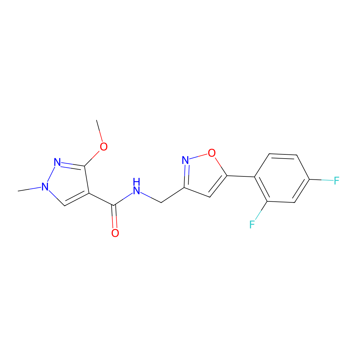 N-((5-(2,4-difluorophenyl)isoxazol-3-yl)methyl)-3-methoxy-1-methyl-1H-pyrazole-4-carboxamide molecular structure, CAS 1207060-09-0