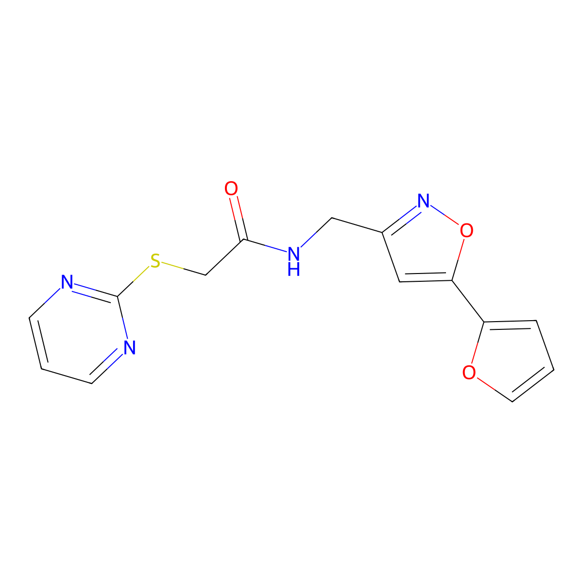 N-((5-(furan-2-yl)isoxazol-3-yl)methyl)-2-(pyrimidin-2-ylthio)acetamide molecular structure, CAS 1207060-11-4