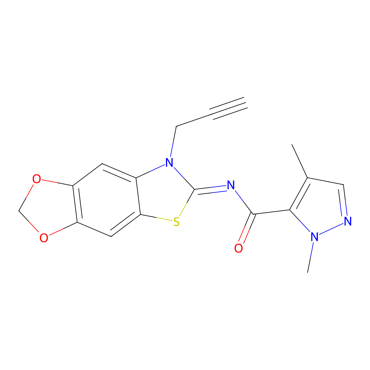 (Z)-1,4-dimethyl-N-(7-(prop-2-yn-1-yl)-[1,3]dioxolo[4',5':4,5]benzo[1,2-d]thiazol-6(7H)-ylidene)-1H-pyrazole-5-carboxamide molecular structure, CAS 1207061-64-0