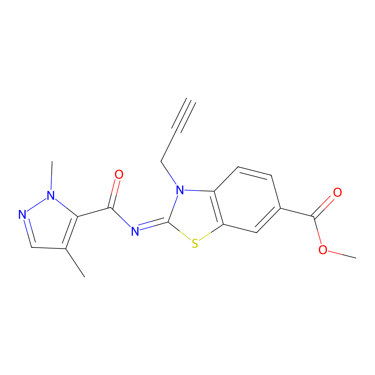 (Z)-methyl 2-((1,4-dimethyl-1H-pyrazole-5-carbonyl)imino)-3-(prop-2-yn-1-yl)-2,3-dihydrobenzo[d]thiazole-6-carboxylate molecular structure, CAS 1207061-79-7