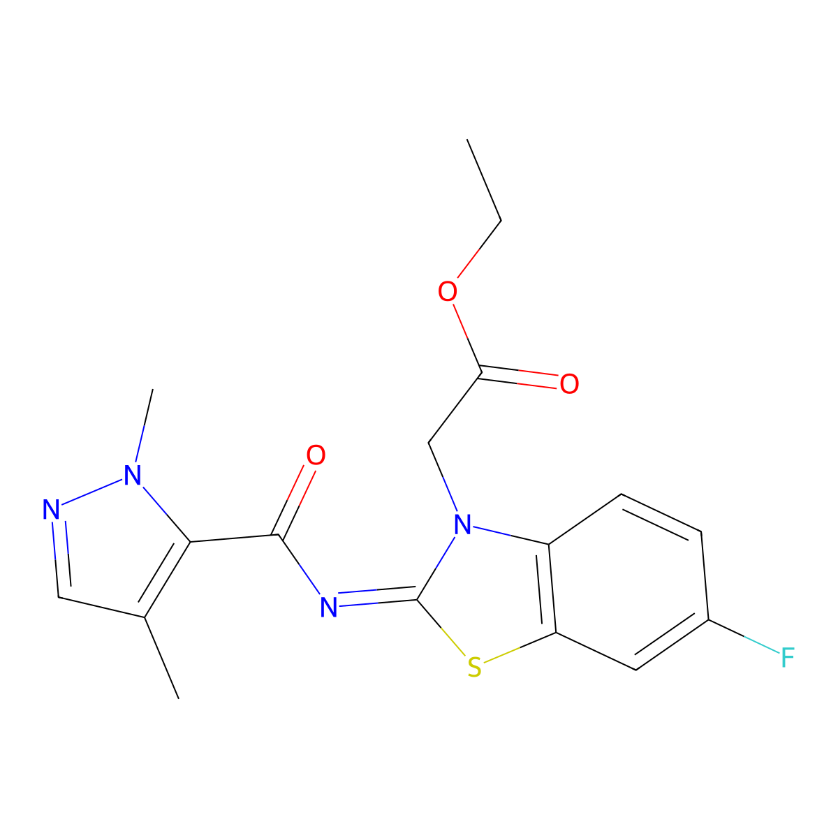 (Z)-ethyl 2-(2-((1,4-dimethyl-1H-pyrazole-5-carbonyl)imino)-6-fluorobenzo[d]thiazol-3(2H)-yl)acetate molecular structure, CAS 1207061-89-9