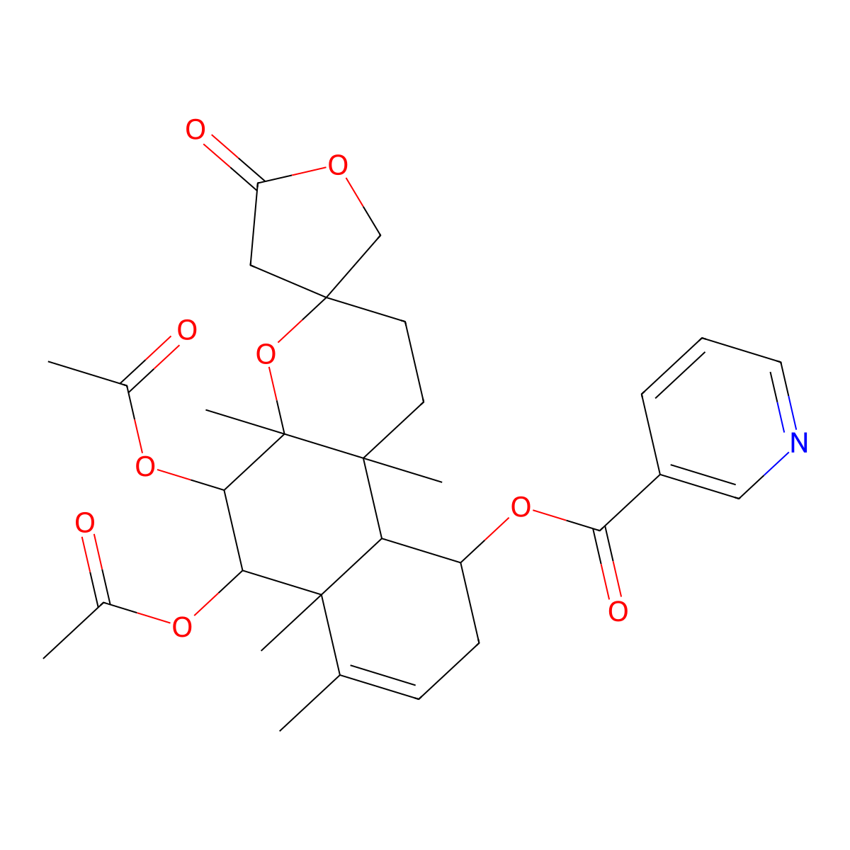 (5,6-diacetyloxy-4a,6a,7,10b-tetramethyl-2'-oxospiro[2,5,6,9,10,10a-hexahydro-1H-benzo[f]chromene-3,4'-oxolane]-10-yl) pyridine-3-carboxylate molecular structure, CAS 1207181-62-1