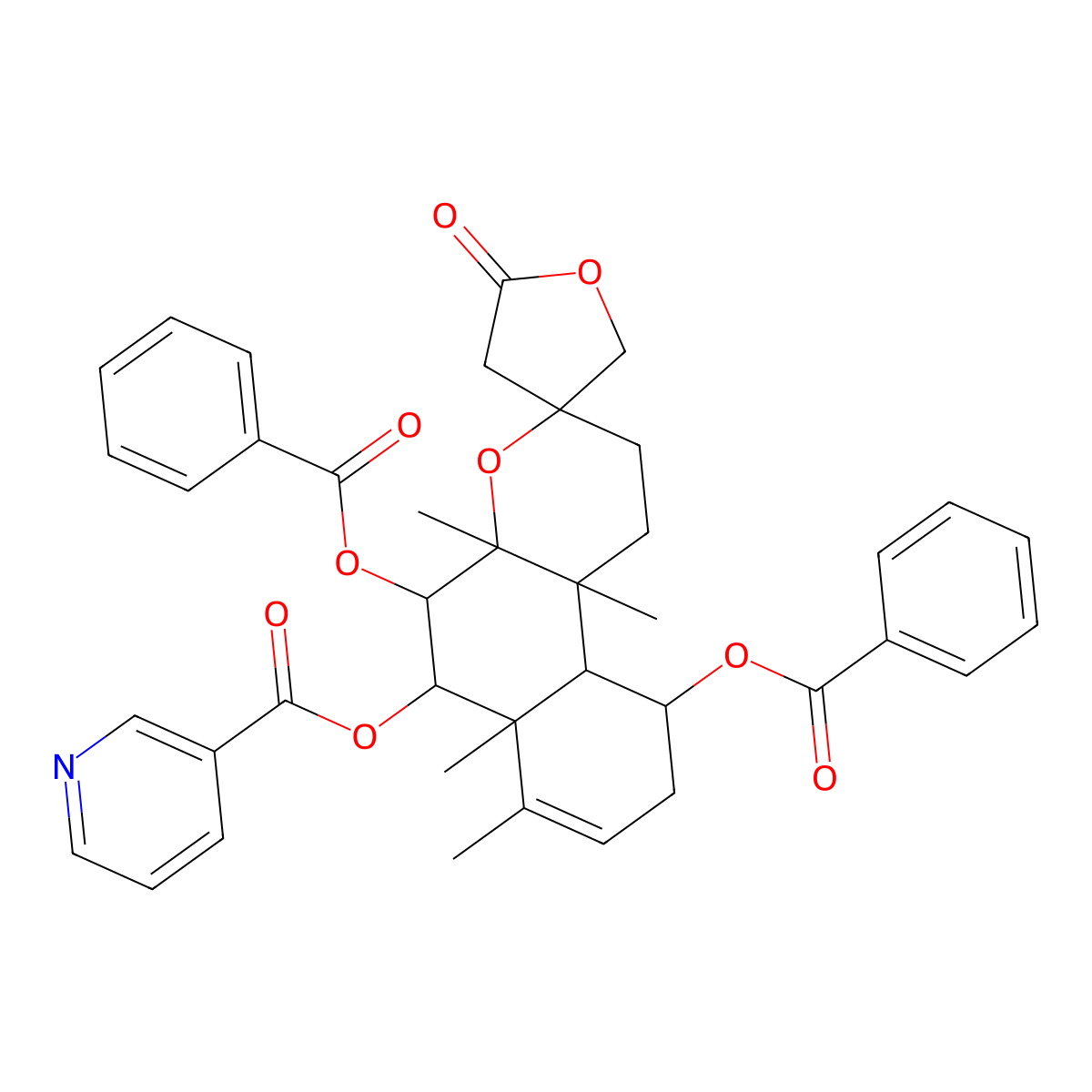 (3S,4'aR,5'S,6'R,6'aR,10'R,10'aS,10'bR)-5',10'-Bis(benzoyloxy)-1',2',4'a,5',6',6'a,9',10',10'a,10'b-decahydro-4'a,6'a,7',10'b-tetramethyl-5-oxospiro[furan-3(2H),3'-[3H]naphtho[2,1-b]pyran]-6'-yl 3-pyridinecarboxylate molecular structure, CAS 1207181-63-2