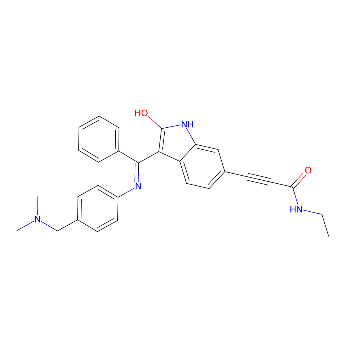 (Z)-3-(3-(((4-((dimethylamino)methyl)phenyl)amino)(phenyl)methylene)-2-oxoindolin-6-yl)-N-ethylpropiolamide molecular structure, CAS 1207293-36-4