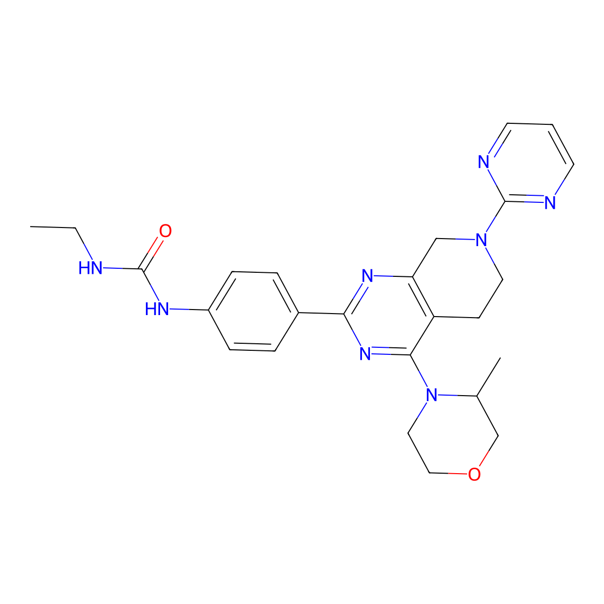 N-Ethyl-N'-(4-(4-((3S)-3-methylmorpholin-4-yl)-7-(pyrimidin-2-yl)-5,6,7,8-tetrahydropyrido(3,4-d)pyrimidin-2-yl)phenyl)urea molecular structure, CAS 1207358-59-5
