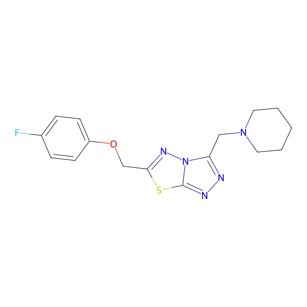 6-[(4-Fluorophenoxy)methyl]-3-(1-piperidinylmethyl)[1,2,4]triazolo[3,4-b][1,3,4]thiadiazole molecular structure, CAS 1207604-64-5