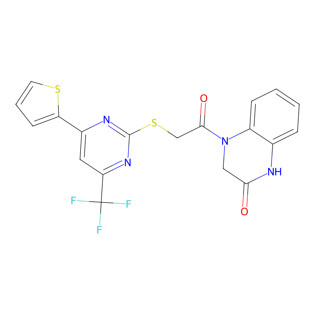 4-(2-{[4-(Thiophen-2-yl)-6-(trifluoromethyl)pyrimidin-2-yl]sulfanyl}acetyl)-1,2,3,4-tetrahydroquinoxalin-2-one molecular structure, CAS 1207606-44-7