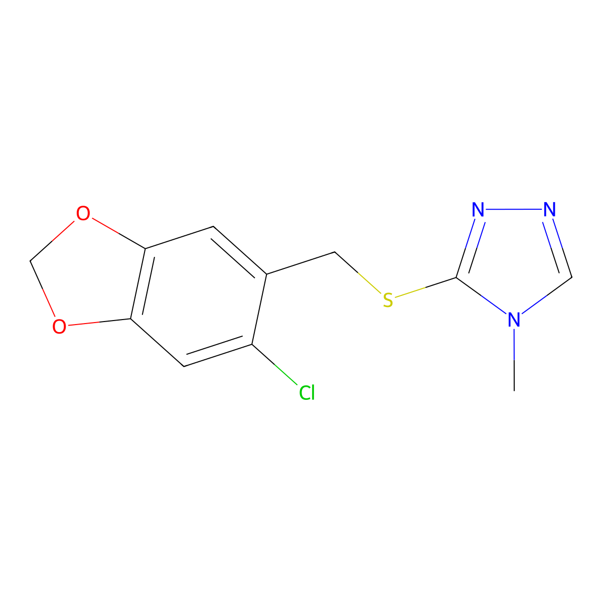 3-{[(6-chloro-2H-1,3-benzodioxol-5-yl)methyl]sulfanyl}-4-methyl-4H-1,2,4-triazole molecular structure, CAS 1207606-63-0