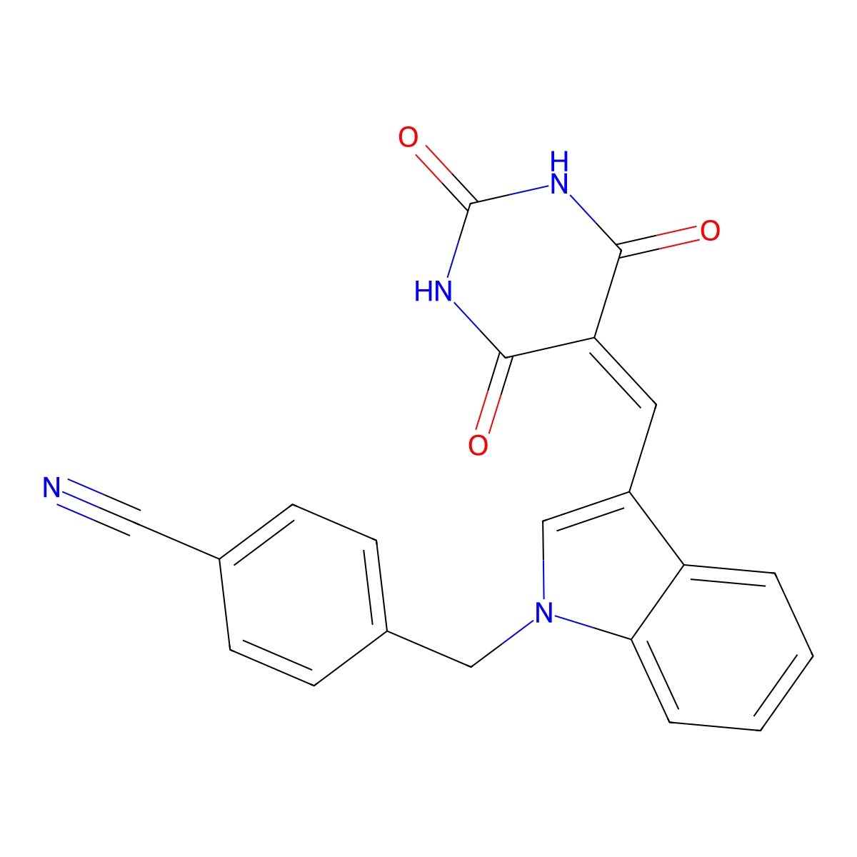 4-[[3-[(2,4,6-Trioxo-1,3-diazinan-5-ylidene)methyl]indol-1-yl]methyl]benzonitrile molecular structure, CAS 1207615-74-4