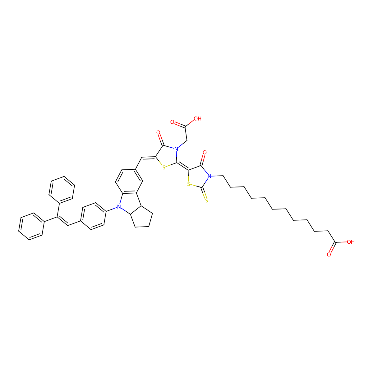 12-[5-[3-(carboxymethyl)-5-[[4-[4-(2,2-diphenylethenyl)phenyl]-2,3,3a,8b-tetrahydro-1H-cyclopenta[b]indol-7-yl]methylidene]-4-oxo-1,3-thiazolidin-2-ylidene]-4-oxo-2-sulfanylidene-1,3-thiazolidin-3-yl]dodecanoic acid molecular structure, CAS 1207638-53-6
