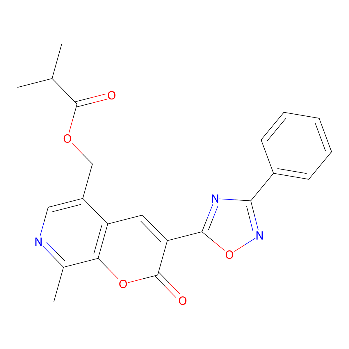 (8-methyl-2-oxo-3-(3-phenyl-1,2,4-oxadiazol-5-yl)-2H-pyrano[2,3-c]pyridin-5-yl)methyl isobutyrate molecular structure, CAS 1207647-28-6
