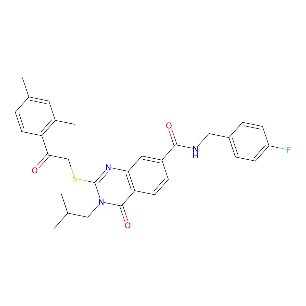 2-{[2-(2,4-dimethylphenyl)-2-oxoethyl]sulfanyl}-N-[(4-fluorophenyl)methyl]-3-(2-methylpropyl)-4-oxo-3,4-dihydroquinazoline-7-carboxamide molecular structure, CAS 1207660-09-0