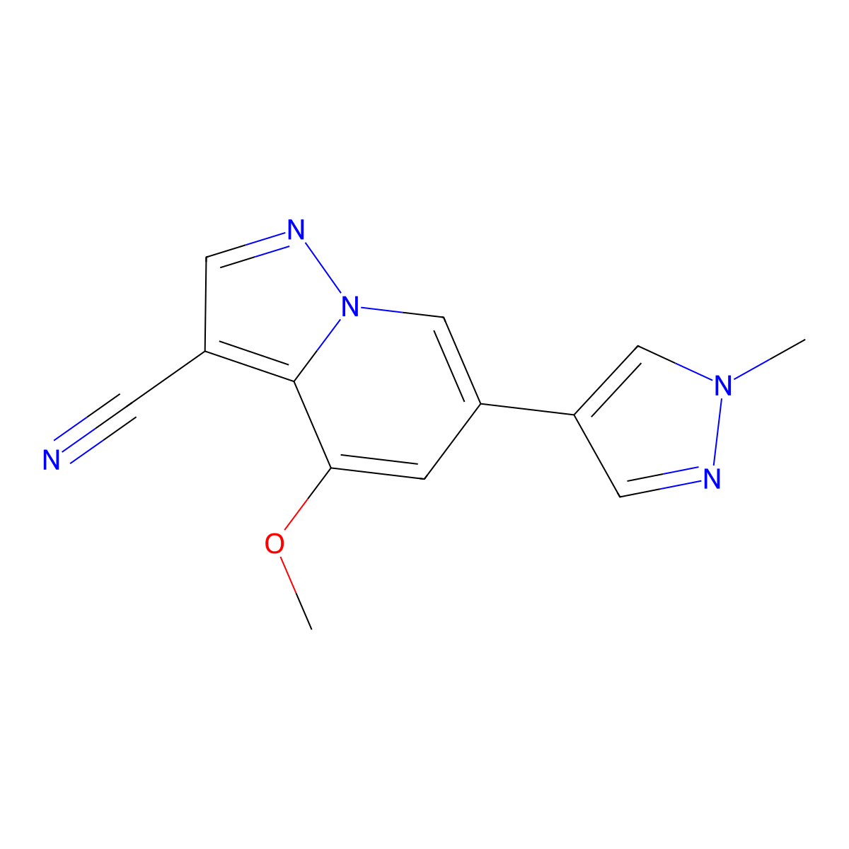 4-methoxy-6-(1-methyl-1H-pyrazol-4-yl)pyrazolo[1,5-a]pyridine-3-carbonitrile molecular structure, CAS 1207836-01-8