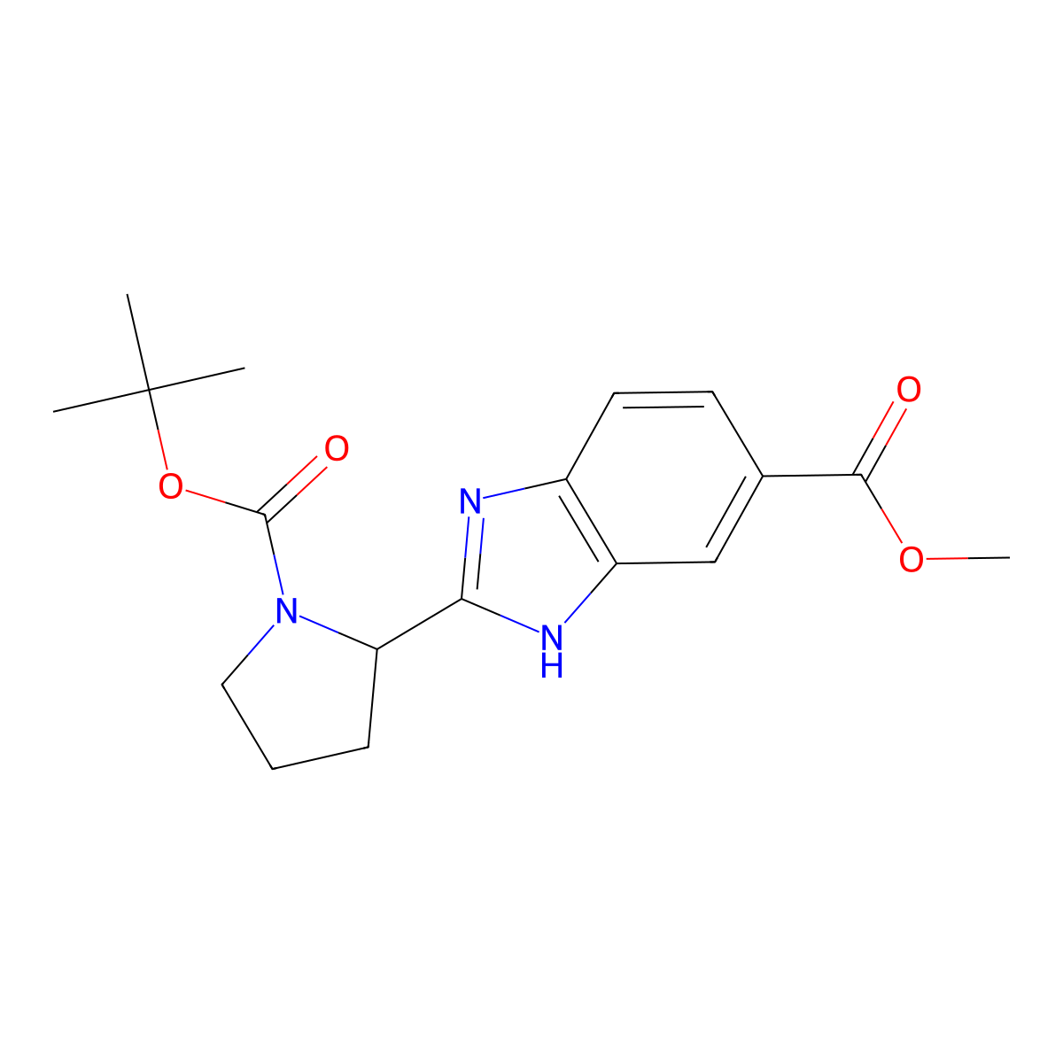 (S)-Methyl 2-(1-(tert-butoxycarbonyl)pyrrolidin-2-yl)-1H-benzo[d]imidazole-5-carboxylate molecular structure, CAS 1208009-89-5