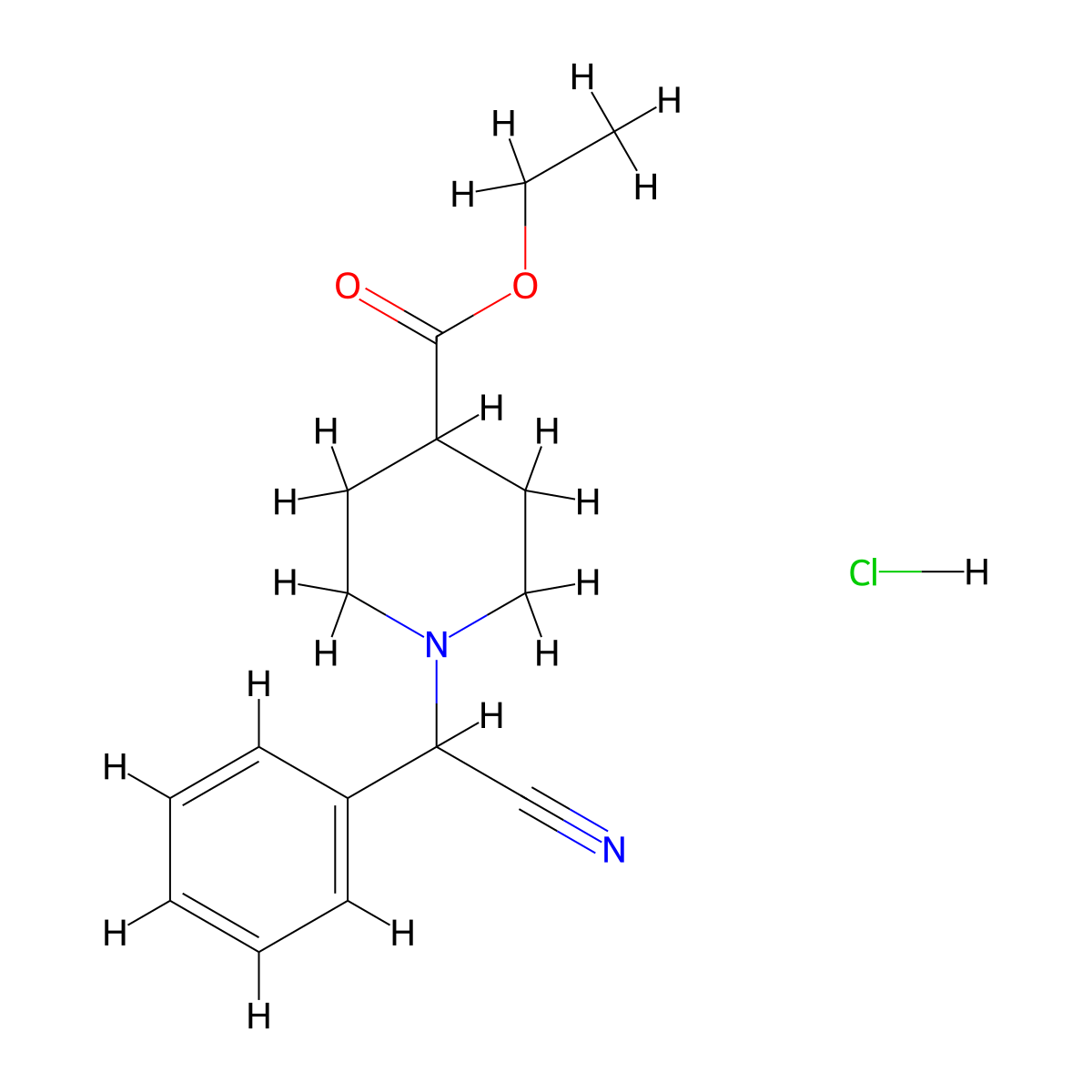 Ethyl 1-(cyano(phenyl)methyl)piperidine-4-carboxylate hydrochloride molecular structure, CAS 1208081-08-6