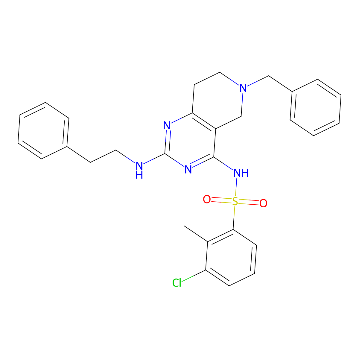 N-[6-benzyl-2-(2-phenylethylamino)-7,8-dihydro-5H-pyrido[4,3-d]pyrimidin-4-yl]-3-chloro-2-methylbenzenesulfonamide molecular structure, CAS 1208123-85-6