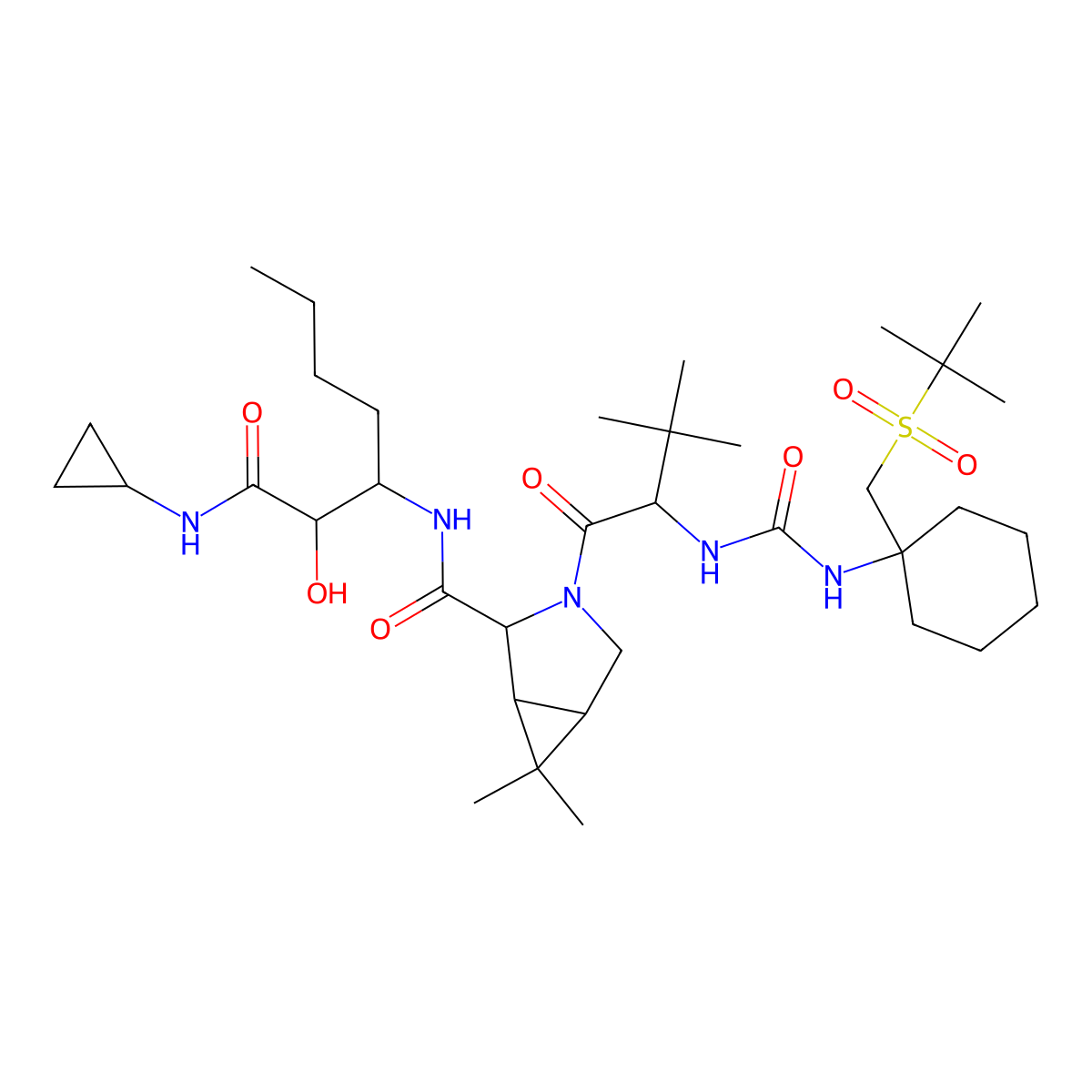 (1R,2S,5S)-3-((S)-2-(3-(1-(tert-butylsulfonylmethyl)cyclohexyl)ureido)-3,3-dimethylbutanoyl)-N-((3S)-1-(cyclopropylamino)-2-hydroxy-1-oxoheptan-3-yl)-6,6-diMethyl-3-azabicyclo[3.1.0]hexane-2-carboxamide molecular structure, CAS 1208245-90-2