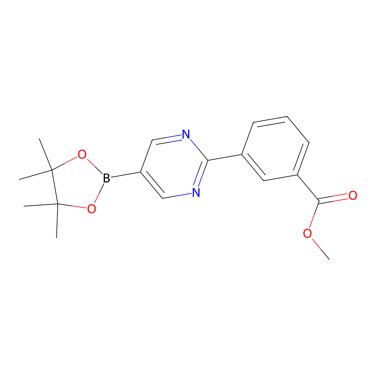 Methyl 3-(5-(4,4,5,5-tetramethyl-1,3,2-dioxaborolan-2-yl)pyrimidin-2-yl)benzoate molecular structure, CAS 1208338-96-8