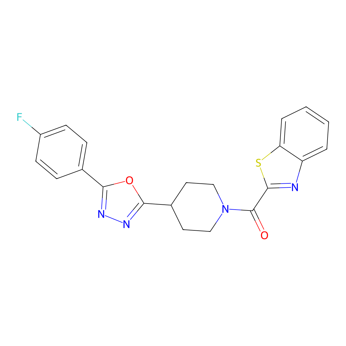 Benzo[d]thiazol-2-yl(4-(5-(4-fluorophenyl)-1,3,4-oxadiazol-2-yl)piperidin-1-yl)methanone molecular structure, CAS 1208368-77-7