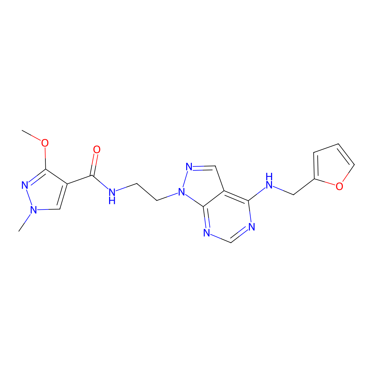 N-(2-(4-((furan-2-ylmethyl)amino)-1H-pyrazolo[3,4-d]pyrimidin-1-yl)ethyl)-3-methoxy-1-methyl-1H-pyrazole-4-carboxamide molecular structure, CAS 1208375-01-2