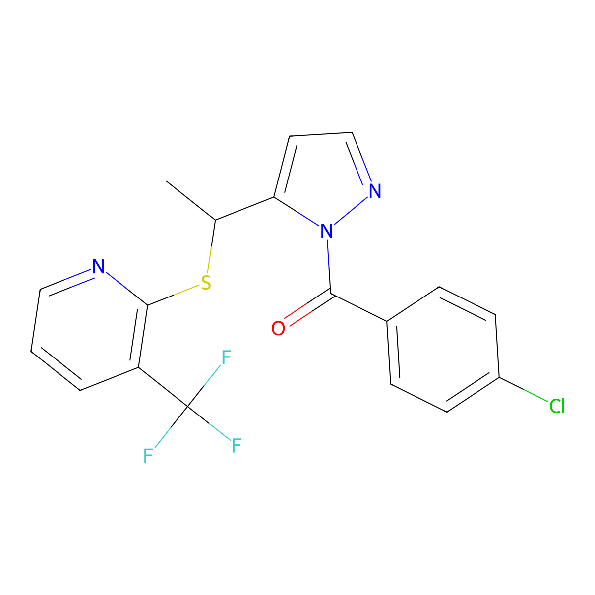 (4-chlorophenyl)[5-(1-{[3-(trifluoromethyl)-2-pyridinyl]sulfanyl}ethyl)-1H-pyrazol-1-yl]methanone molecular structure, CAS 1208385-08-3