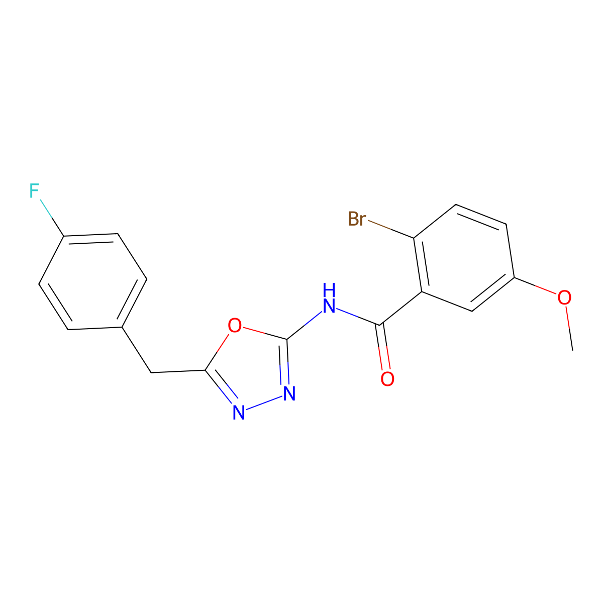 2-bromo-N-(5-(4-fluorobenzyl)-1,3,4-oxadiazol-2-yl)-5-methoxybenzamide molecular structure, CAS 1208390-04-8