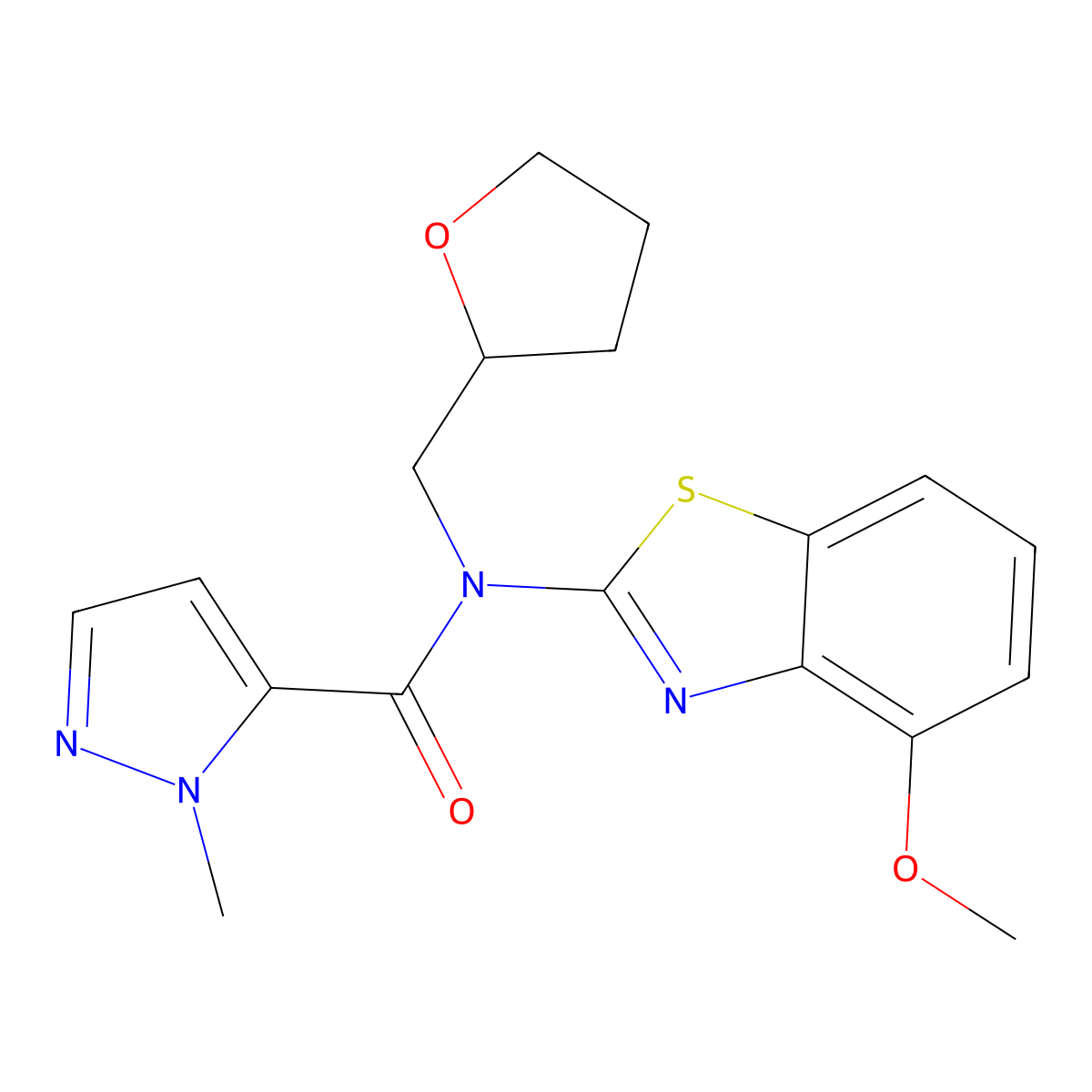 N-(4-methoxybenzo[d]thiazol-2-yl)-1-methyl-N-((tetrahydrofuran-2-yl)methyl)-1H-pyrazole-5-carboxamide molecular structure, CAS 1208403-38-6