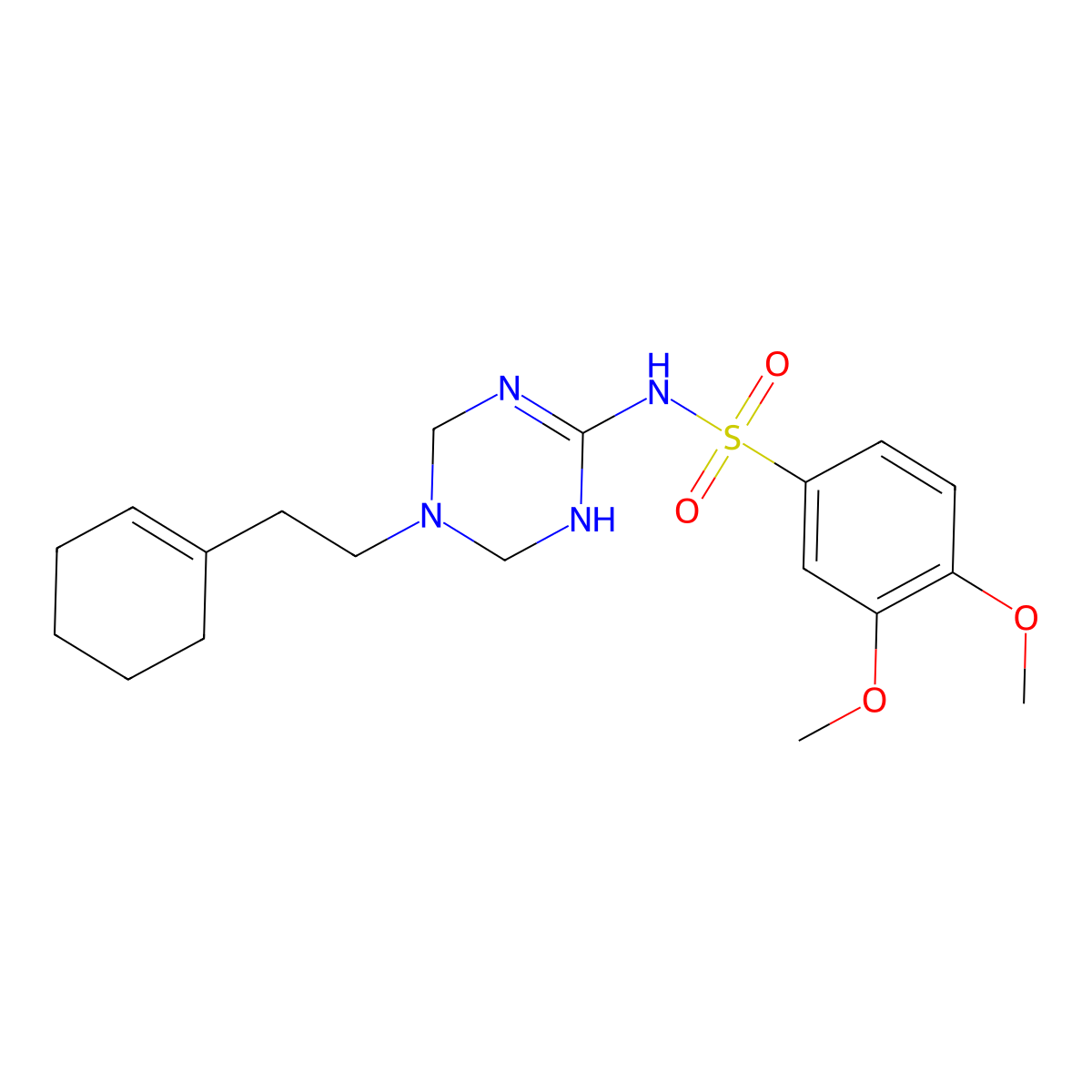 N-{5-[2-(cyclohex-1-en-1-yl)ethyl]-1,4,5,6-tetrahydro-1,3,5-triazin-2-yl}-3,4-dimethoxybenzenesulfonamide molecular structure, CAS 1208404-08-3