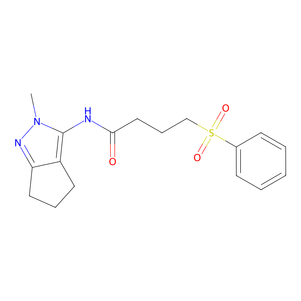 N-(2-methyl-2,4,5,6-tetrahydrocyclopenta[c]pyrazol-3-yl)-4-(phenylsulfonyl)butanamide molecular structure, CAS 1208404-27-6